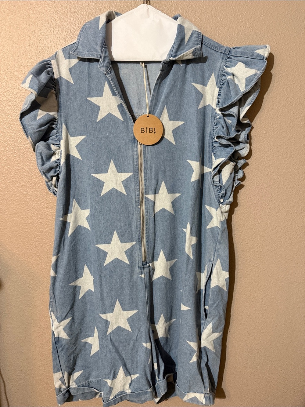 BiBi Blue Denim Star Print Romper with Ruffle Sleeves